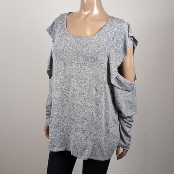 3/$20 Reitmans Ruffled Cold Shoulder Top Long Sleeve Stretch Knit Scoop Neck - Picture 4 of 9